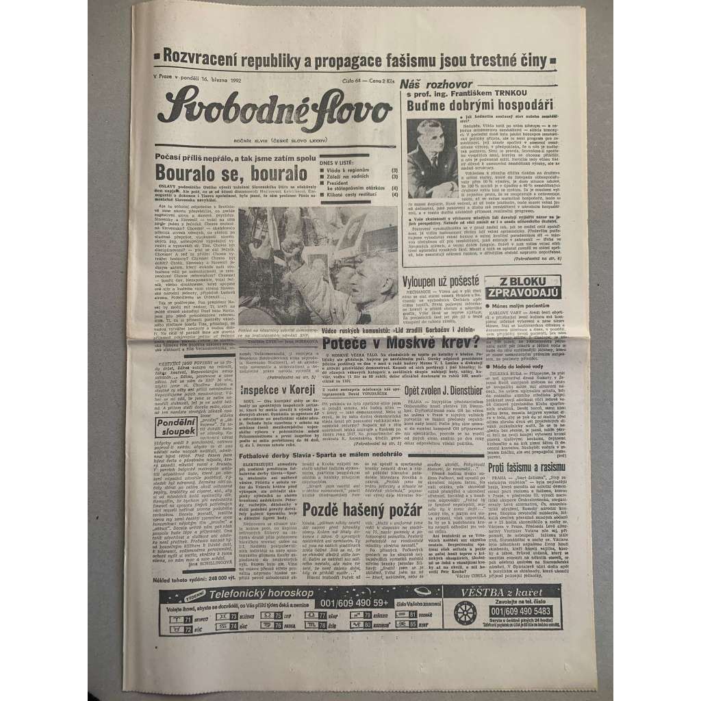 Svobodné slovo (16.3.1992) - staré noviny