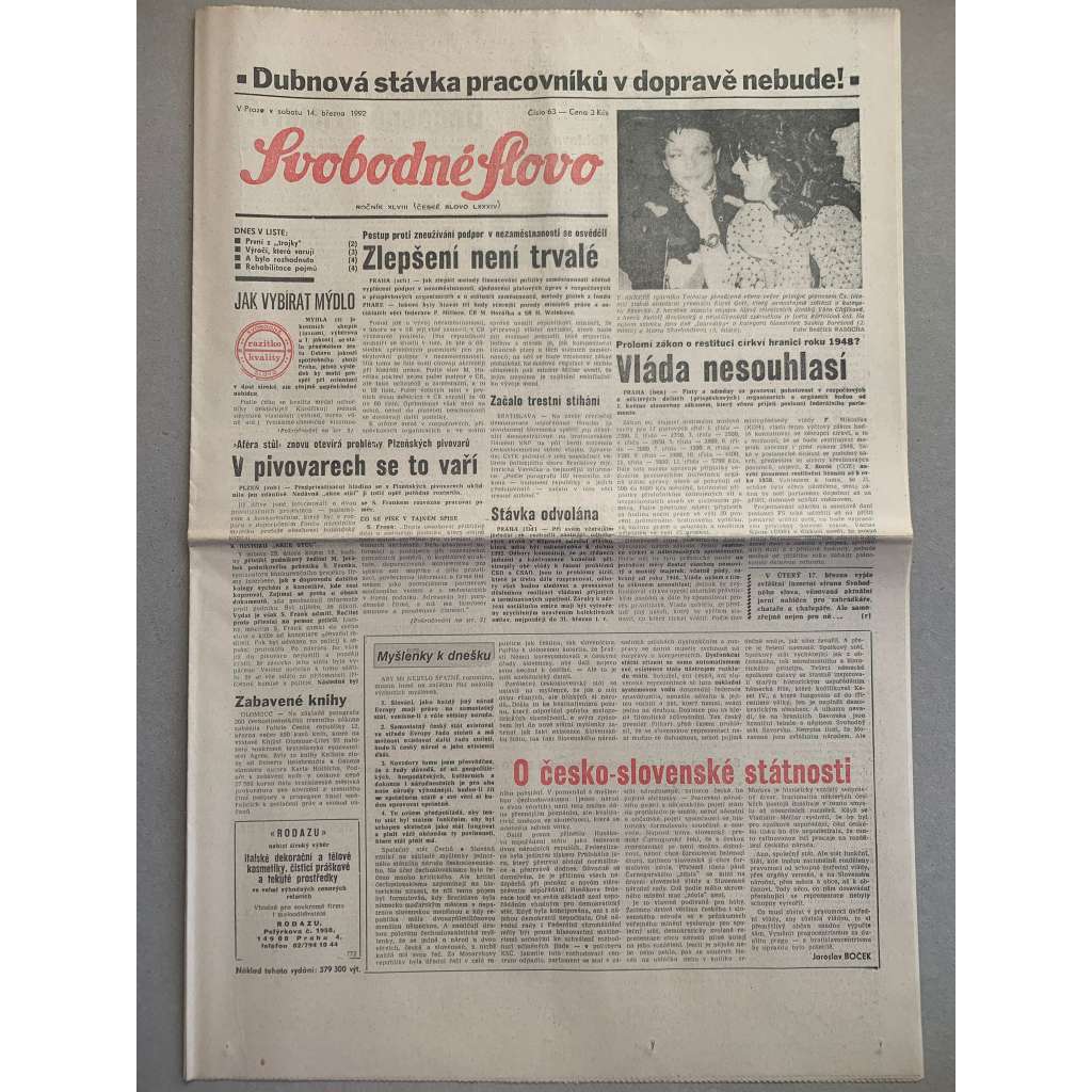 Svobodné slovo (14.3.1992) - staré noviny
