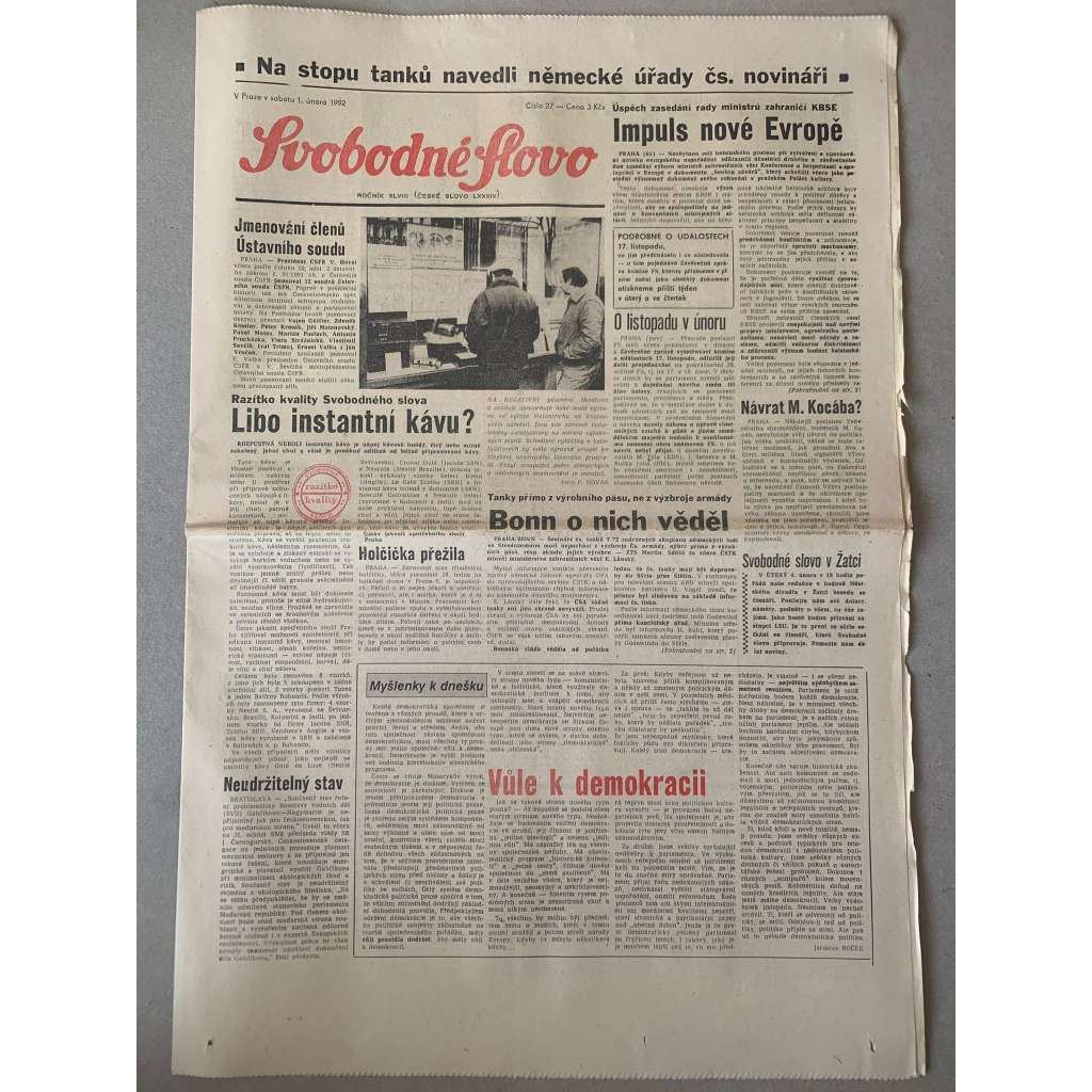 Svobodné slovo (1.2.1992) - staré noviny