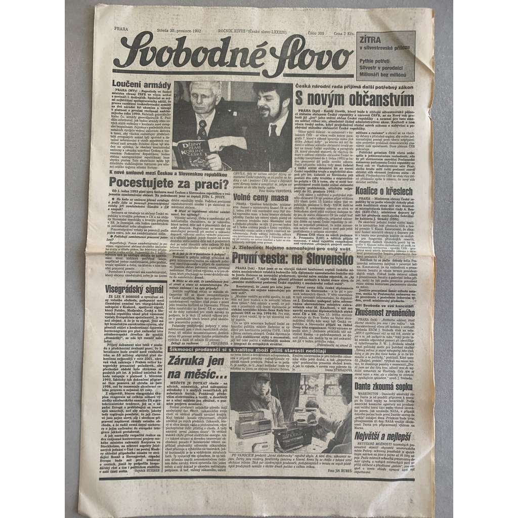 Svobodné slovo (30.12.1992) - staré noviny