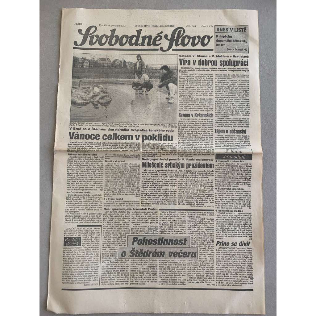 Svobodné slovo (28.12.1992) - staré noviny