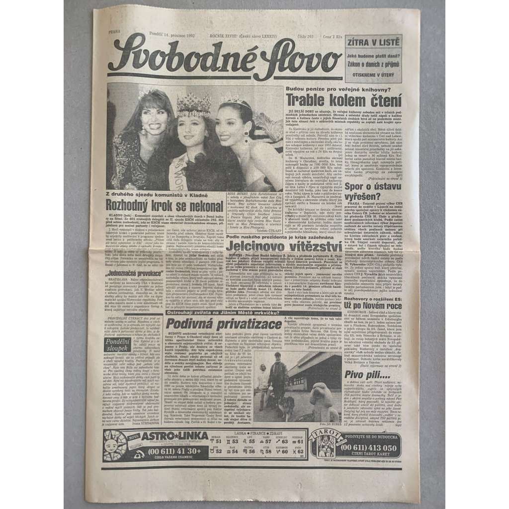 Svobodné slovo (14.12.1992) - staré noviny