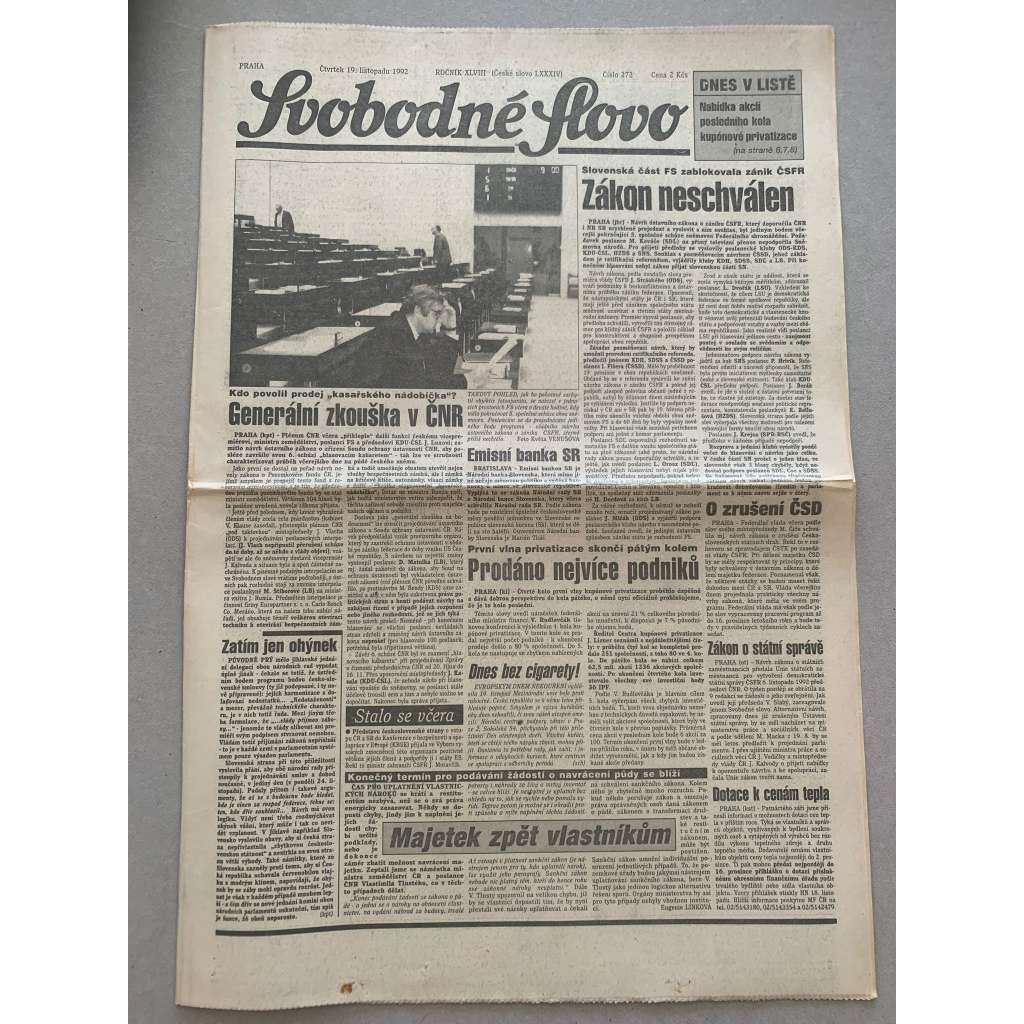 Svobodné slovo (19.11.1992) - staré noviny