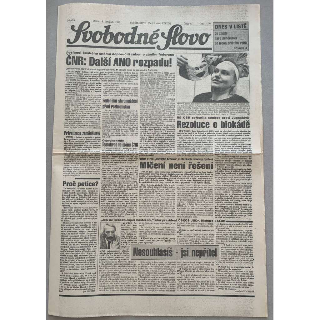 Svobodné slovo (19.11.1992) - staré noviny