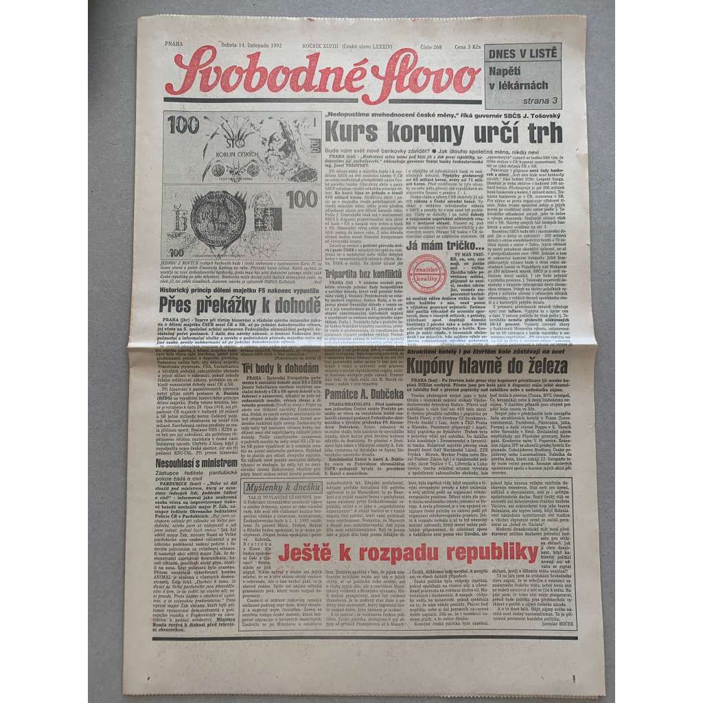 Svobodné slovo (14.11.1992) - staré noviny