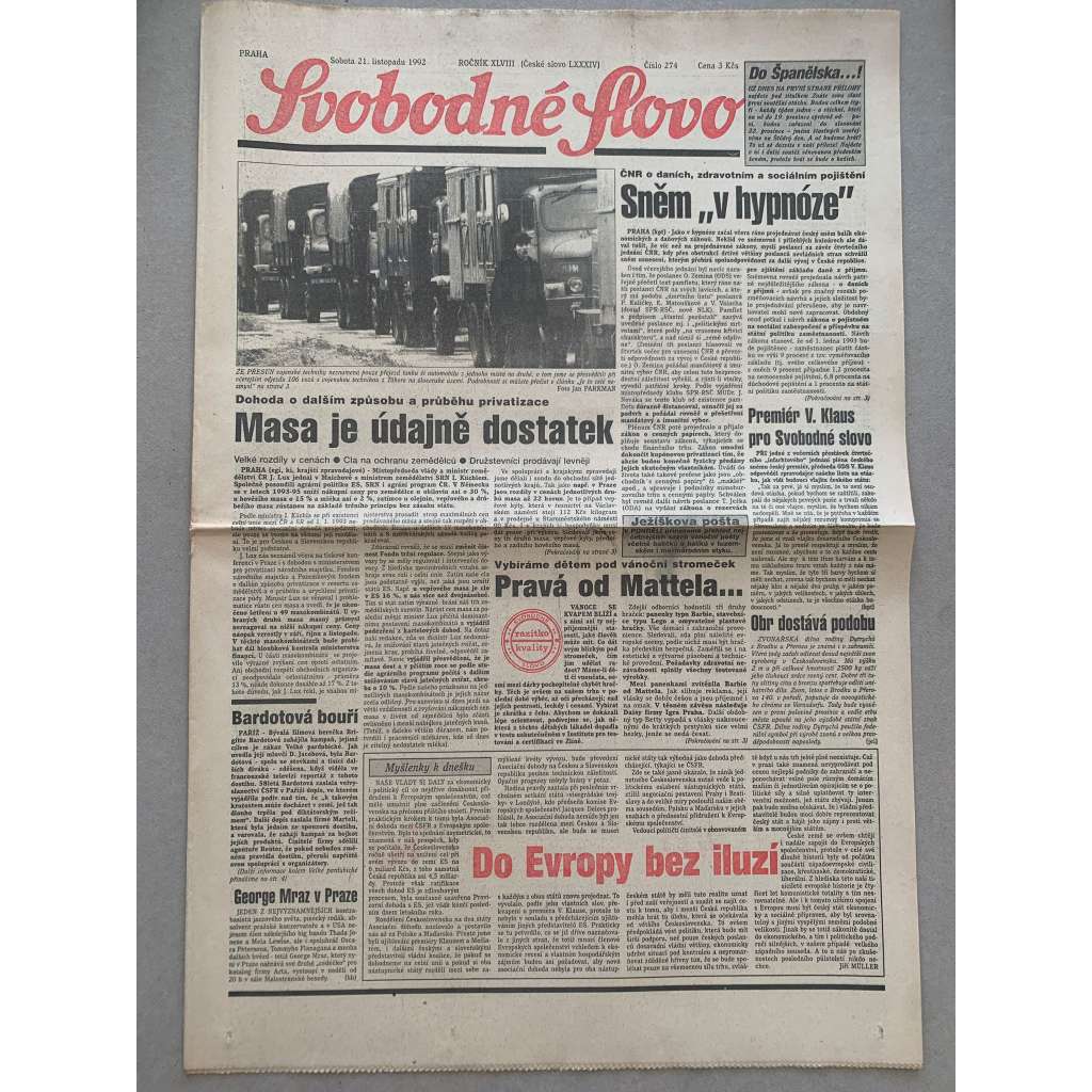 Svobodné slovo (21.11.1992) - staré noviny
