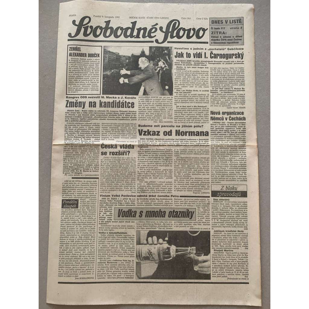 Svobodné slovo (9.11.1992) - staré noviny