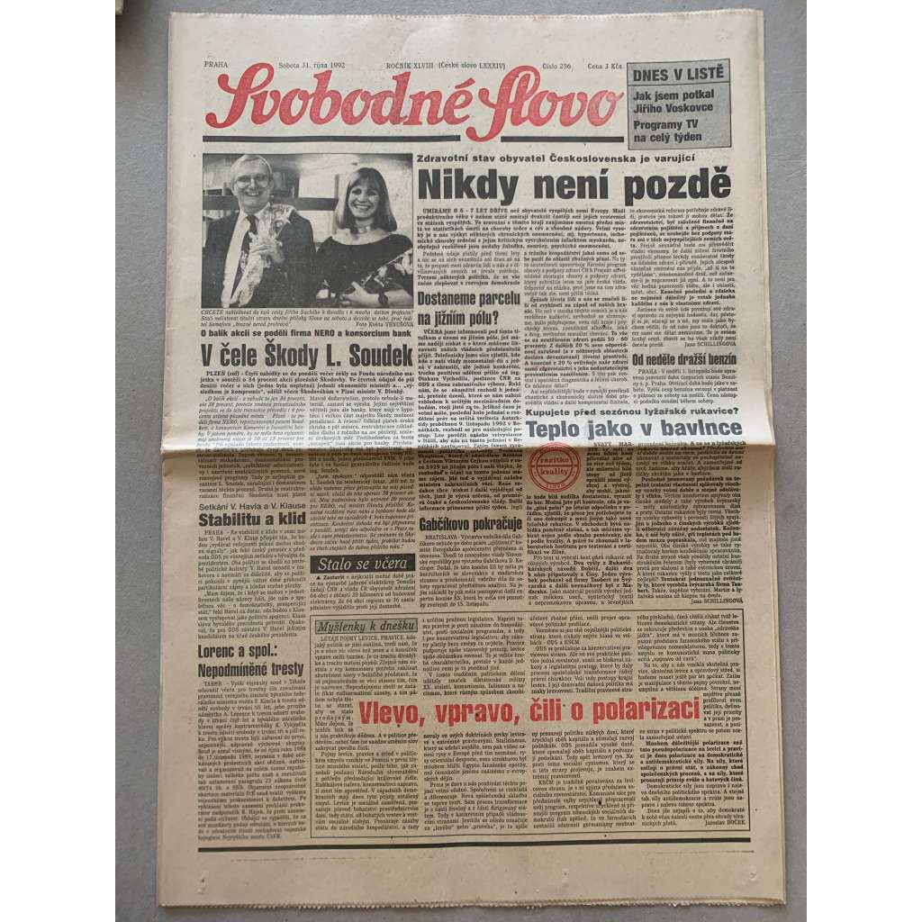 Svobodné slovo (31.10.1992) - staré noviny