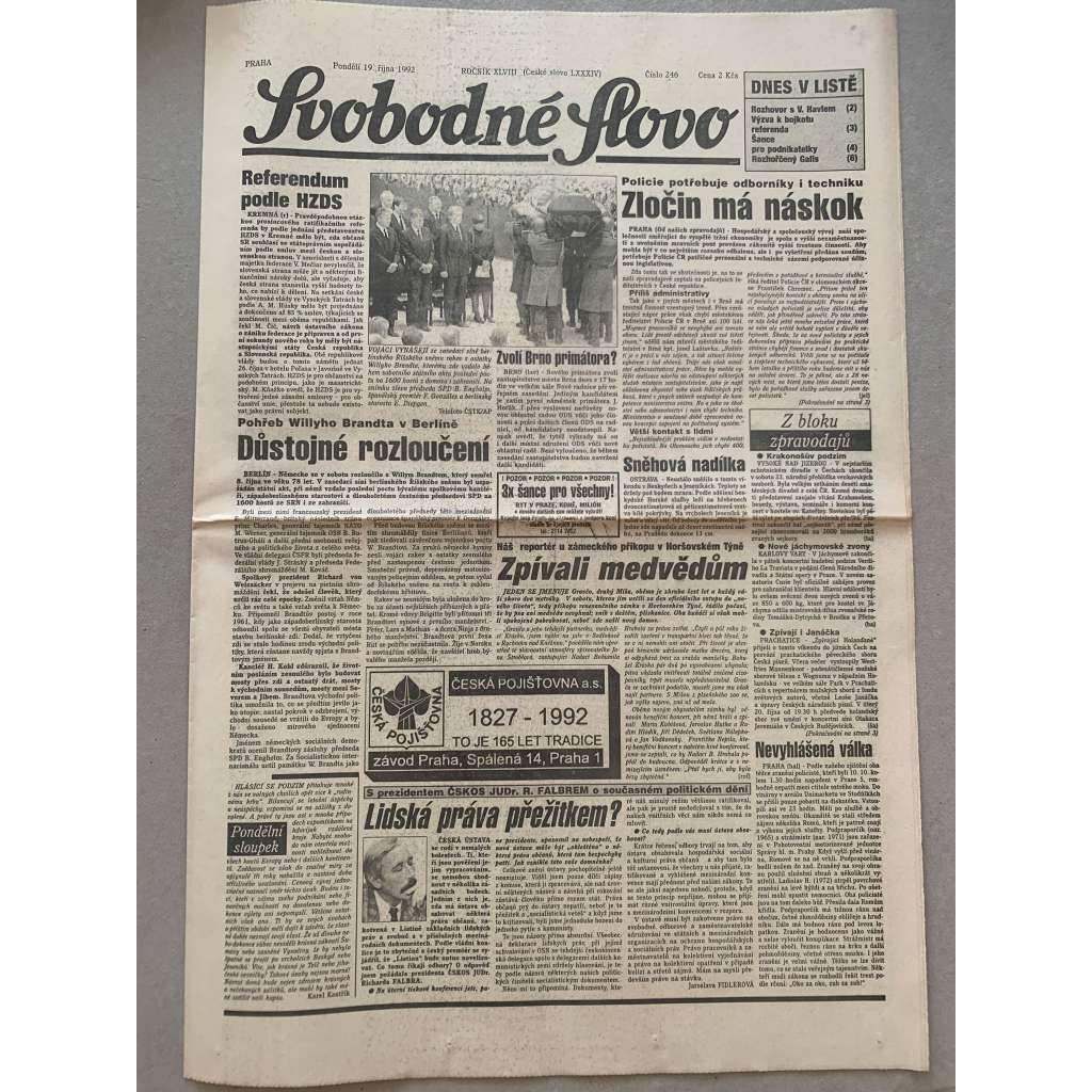 Svobodné slovo (19.10.1992) - staré noviny