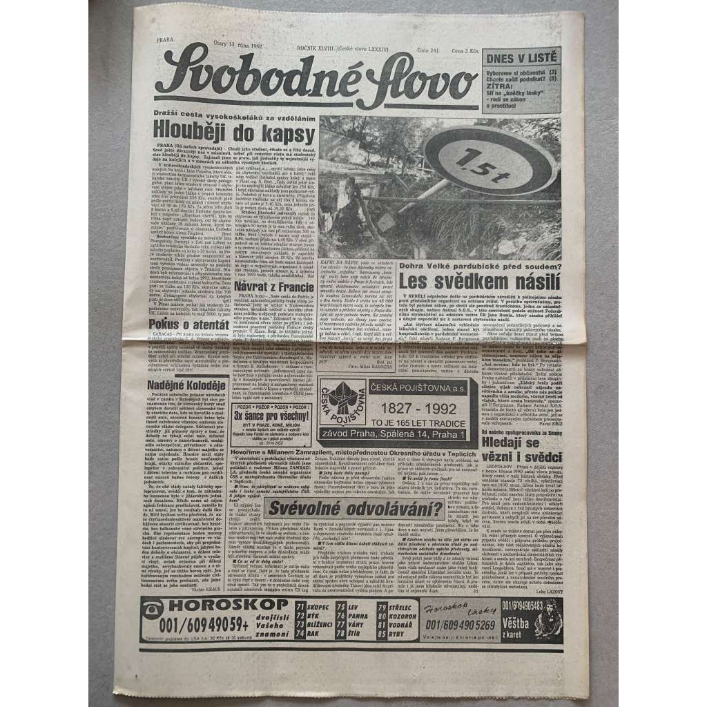 Svobodné slovo (13.11.1992) - staré noviny