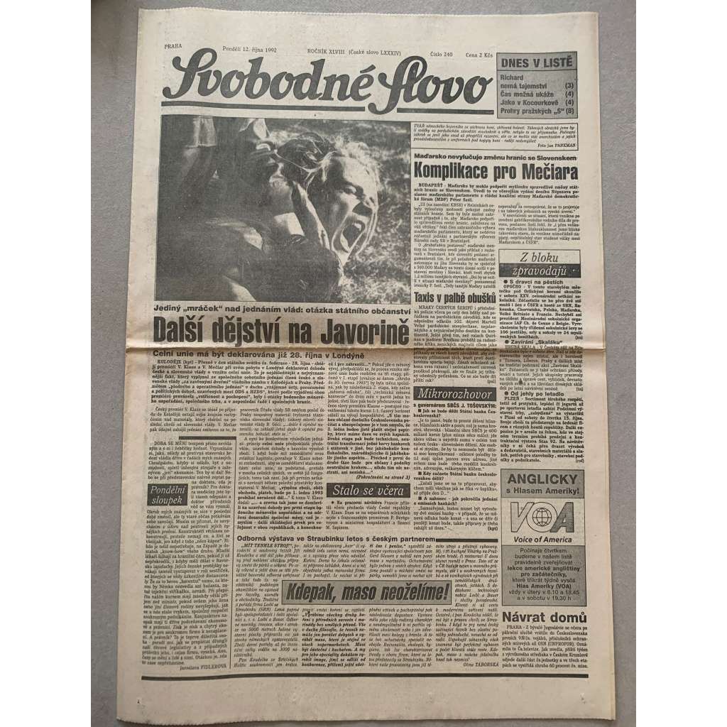 Svobodné slovo (12.10.1992) - staré noviny
