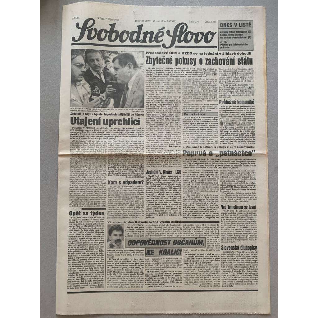 Svobodné slovo (7.10.1992) - staré noviny