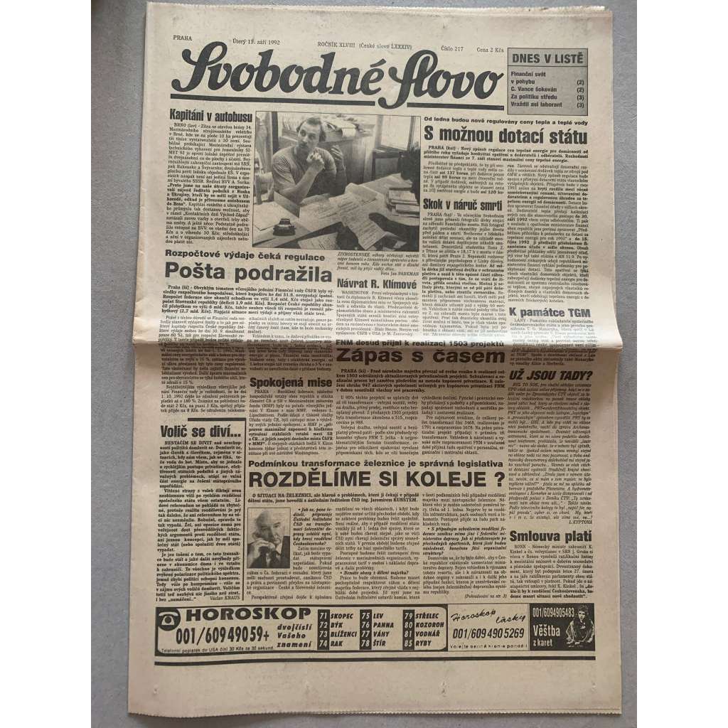 Svobodné slovo (15.9.1992) - staré noviny