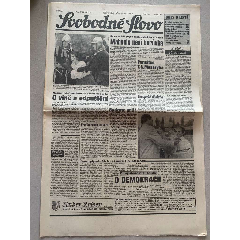 Svobodné slovo (14.9.1992) - staré noviny