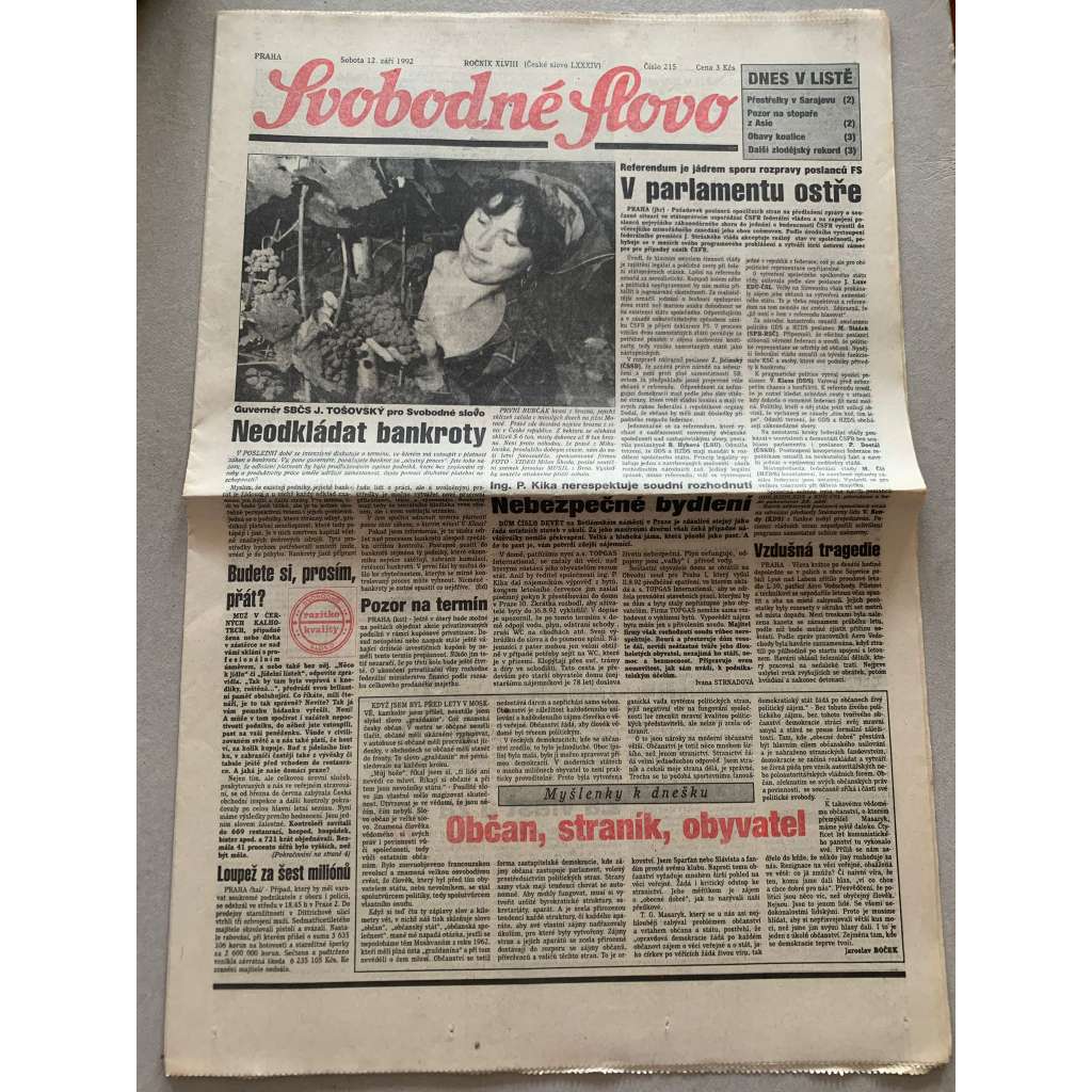 Svobodné slovo (12.9.1992) - staré noviny