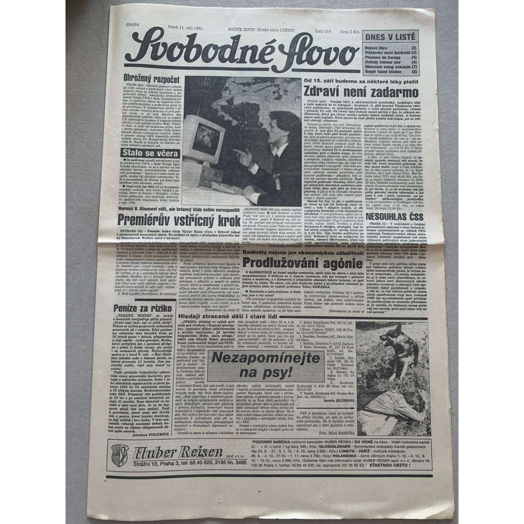 Svobodné slovo (11.9.1992) - staré noviny