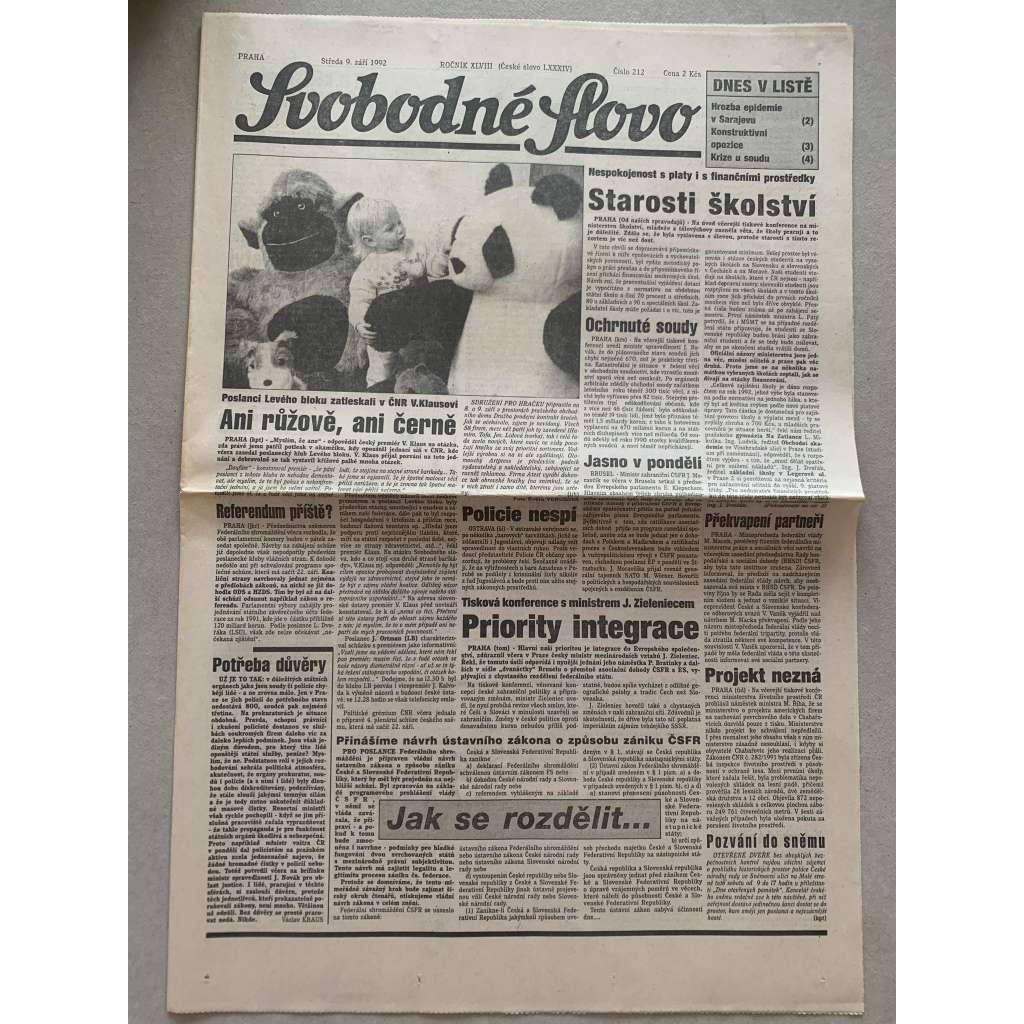 Svobodné slovo (9.9.1992) - staré noviny