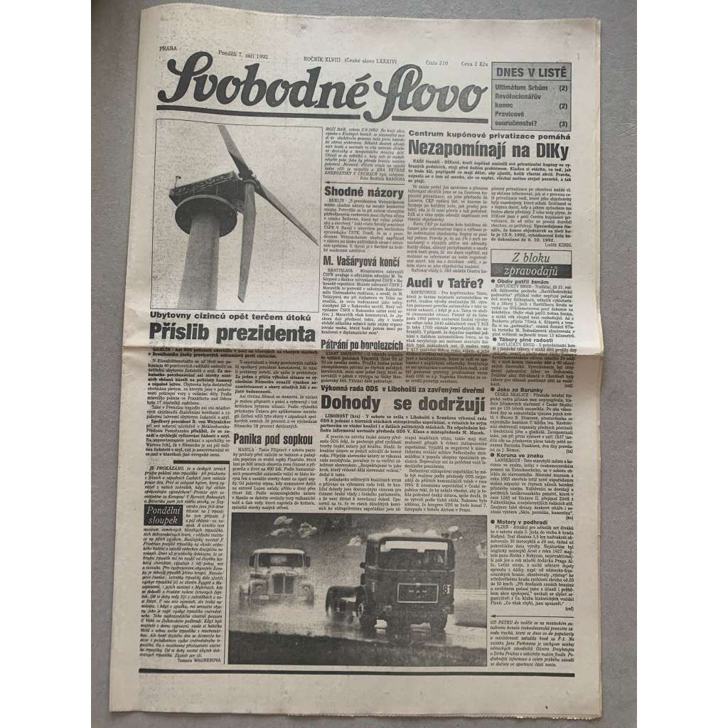 Svobodné slovo (7.9.1992) - staré noviny