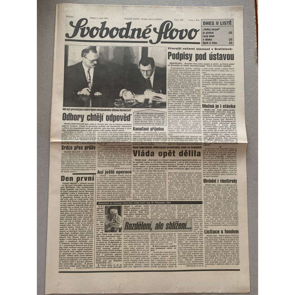 Svobodné slovo (4.9.1992) - staré noviny