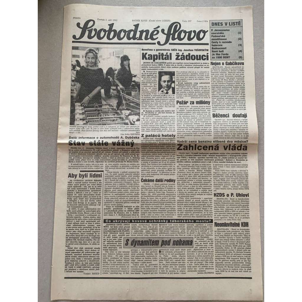 Svobodné slovo (3.9.1992) - staré noviny