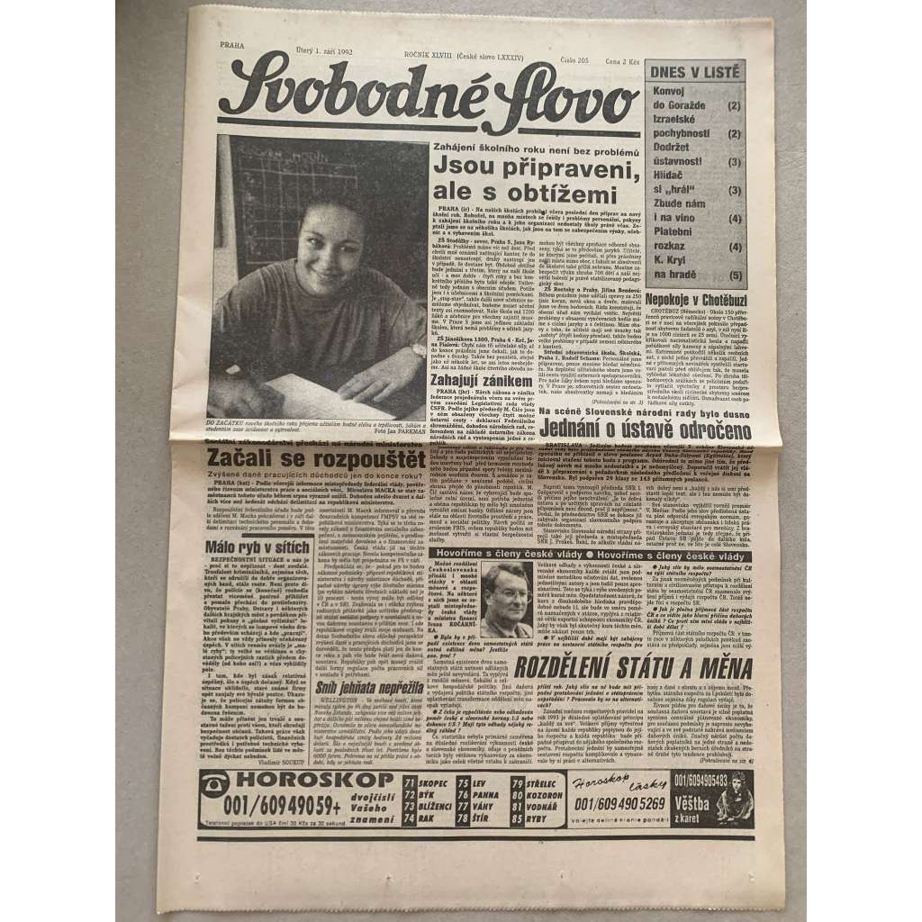 Svobodné slovo (1.9.1992) - staré noviny
