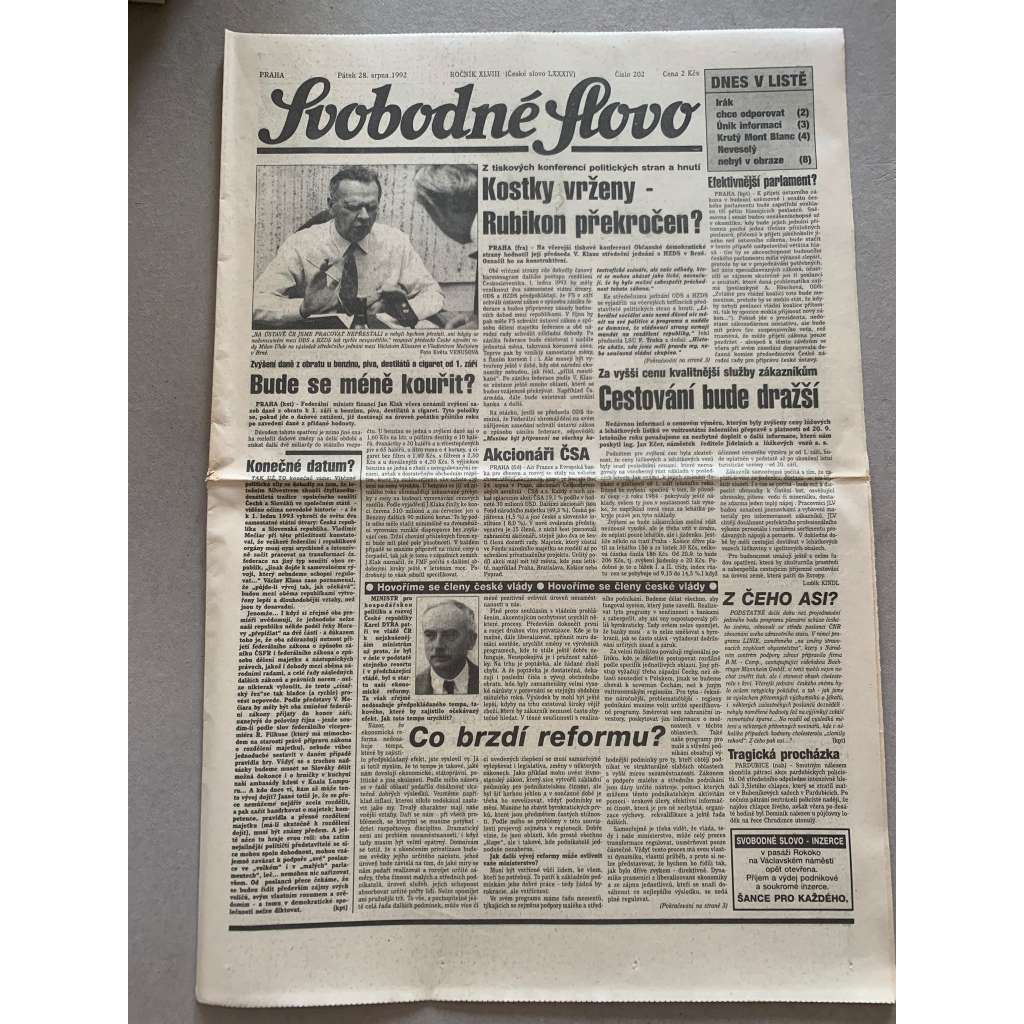 Svobodné slovo (28.8.1992) - staré noviny