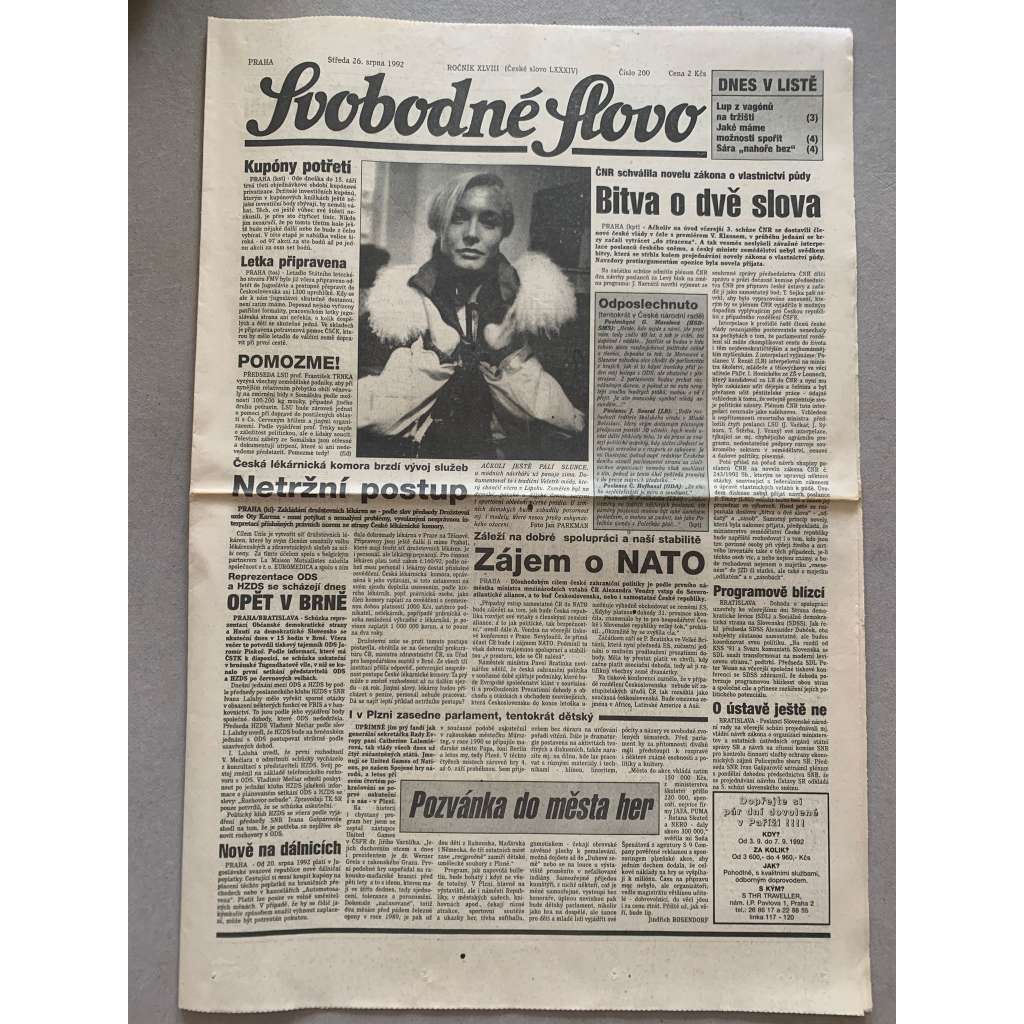 Svobodné slovo (26.8.1992) - staré noviny