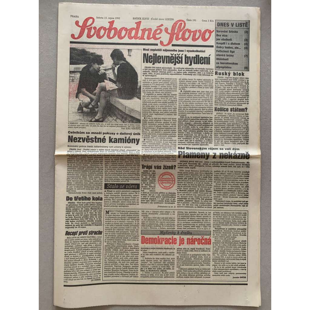 Svobodné slovo (15.8.1992) - staré noviny