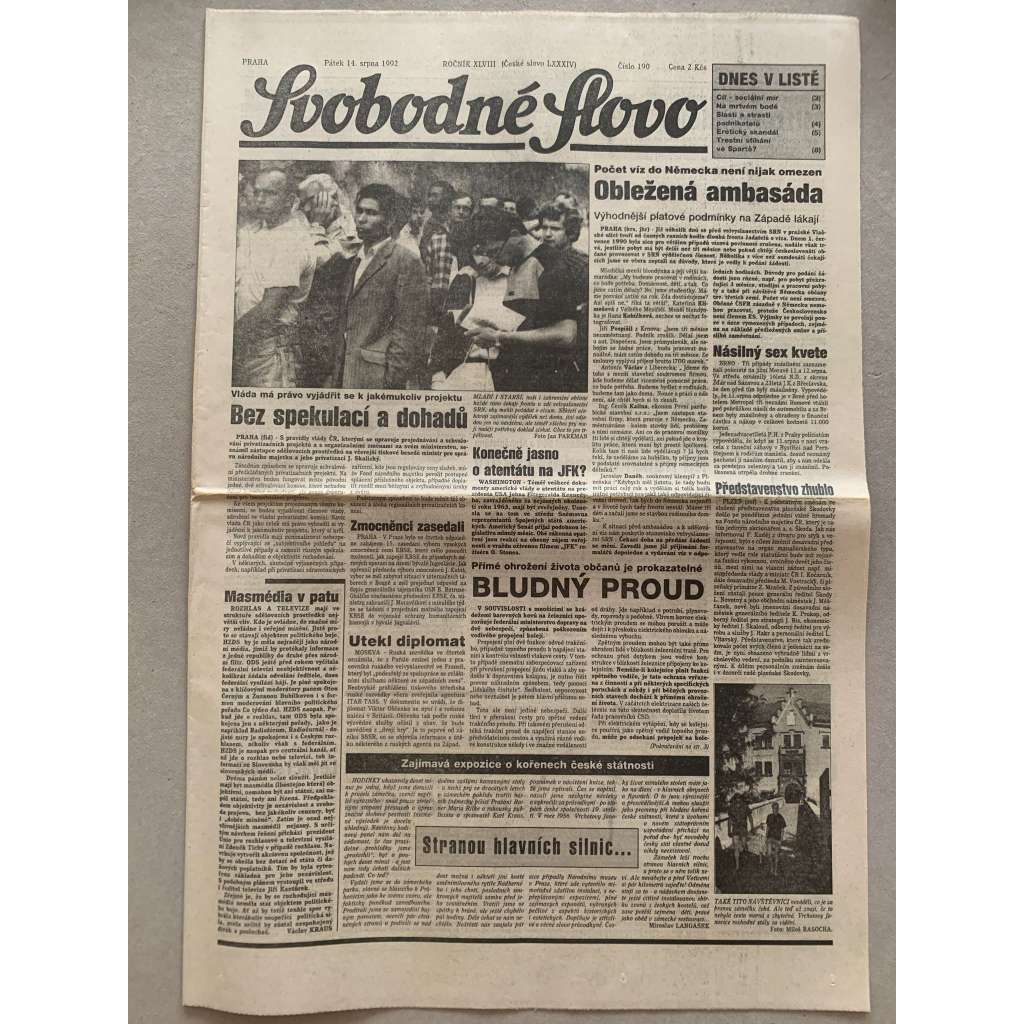 Svobodné slovo (14.8.1992) - staré noviny