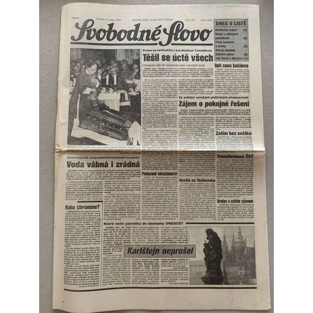 Svobodné slovo (13.8.1992) - staré noviny