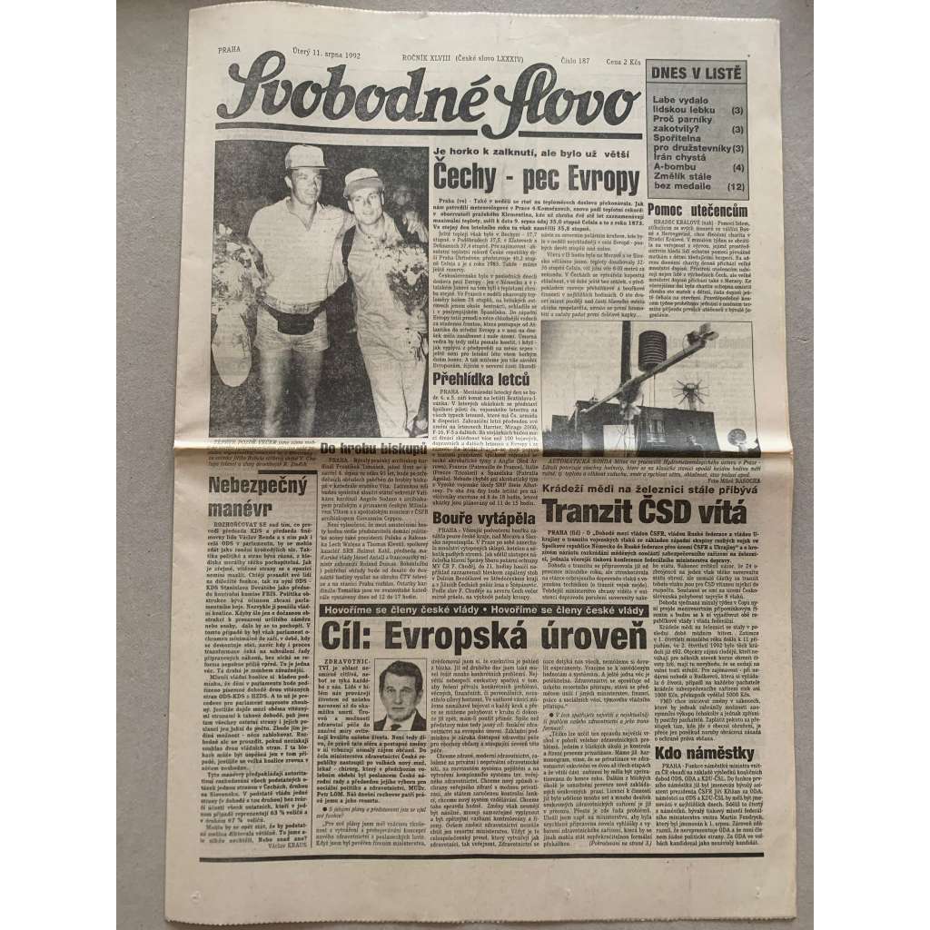 Svobodné slovo (11.8.1992) - staré noviny