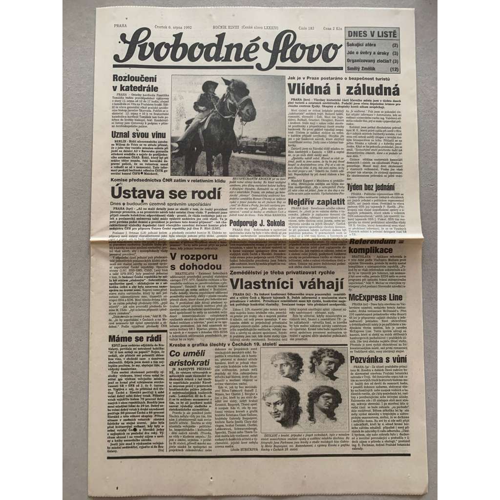 Svobodné slovo (6.8.1992) - staré noviny