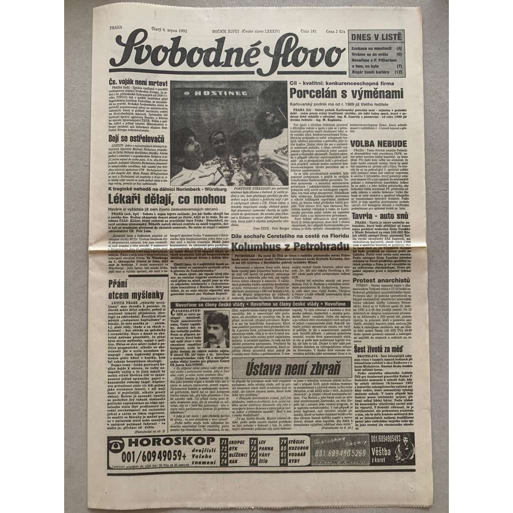 Svobodné slovo (4.8.1992) - staré noviny