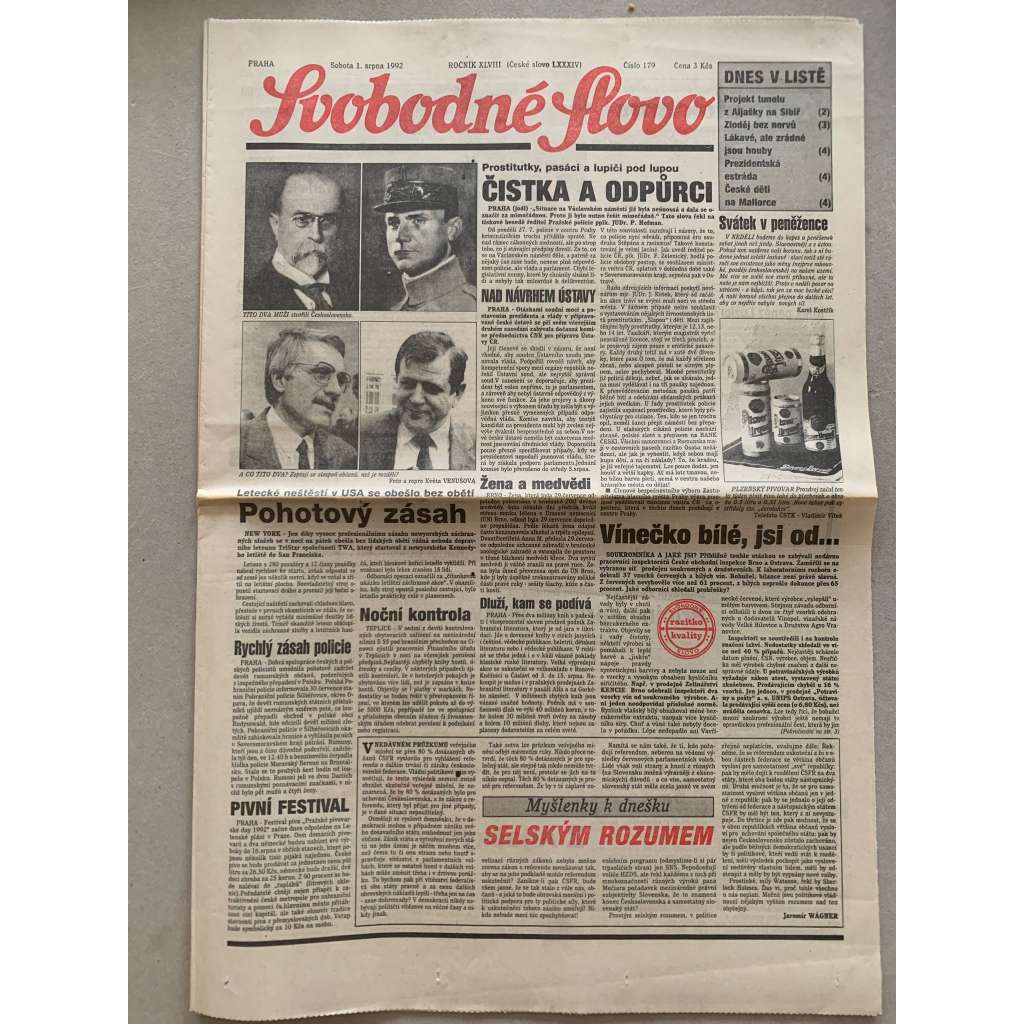 Svobodné slovo (1.8.1992) - staré noviny