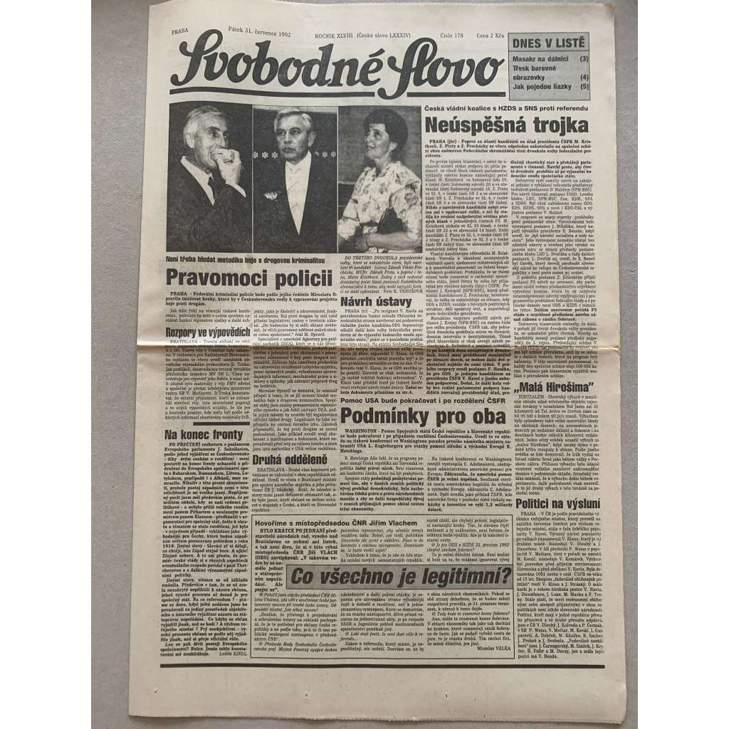 Svobodné slovo (31.7.1992) - staré noviny