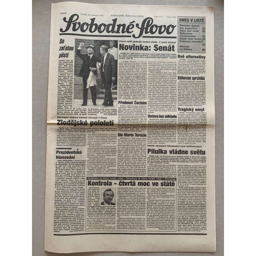 Svobodné slovo (30.7.1992) - staré noviny