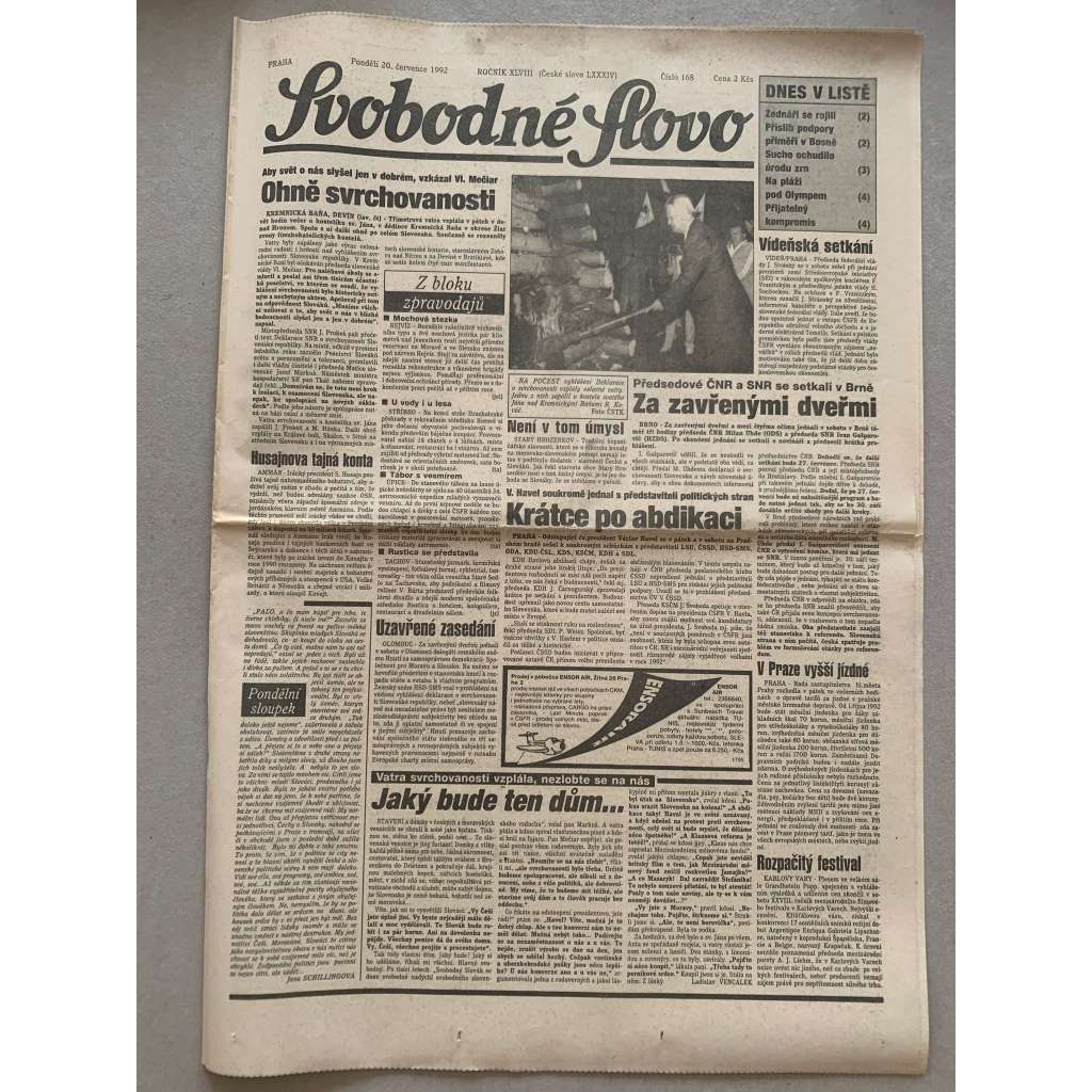Svobodné slovo (20.7.1992) - staré noviny
