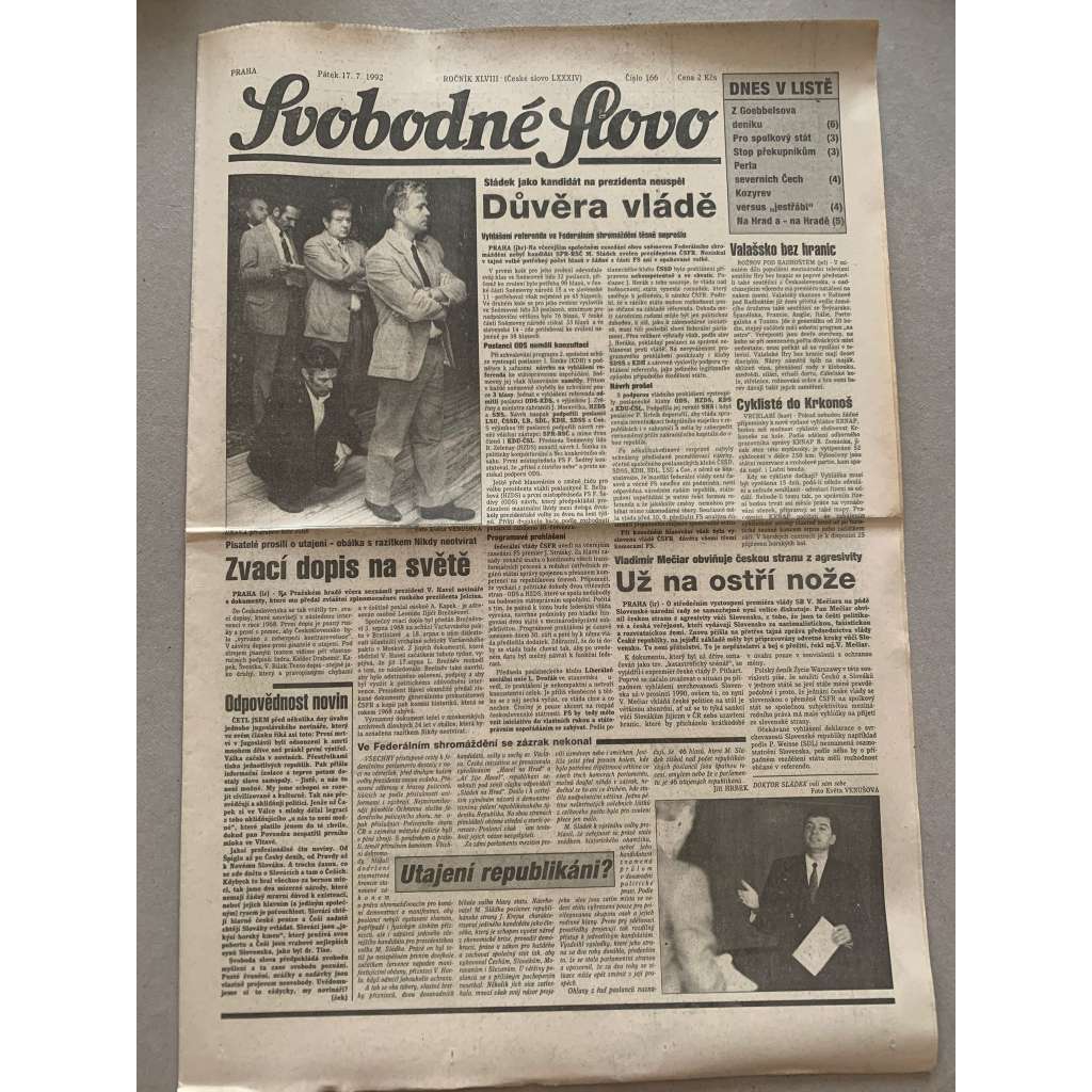 Svobodné slovo (17.7.1992) - staré noviny