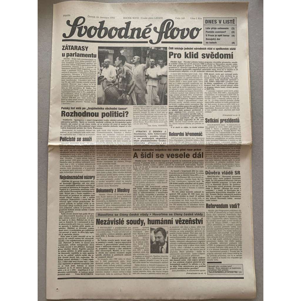 Svobodné slovo (16.7.1992) - staré noviny