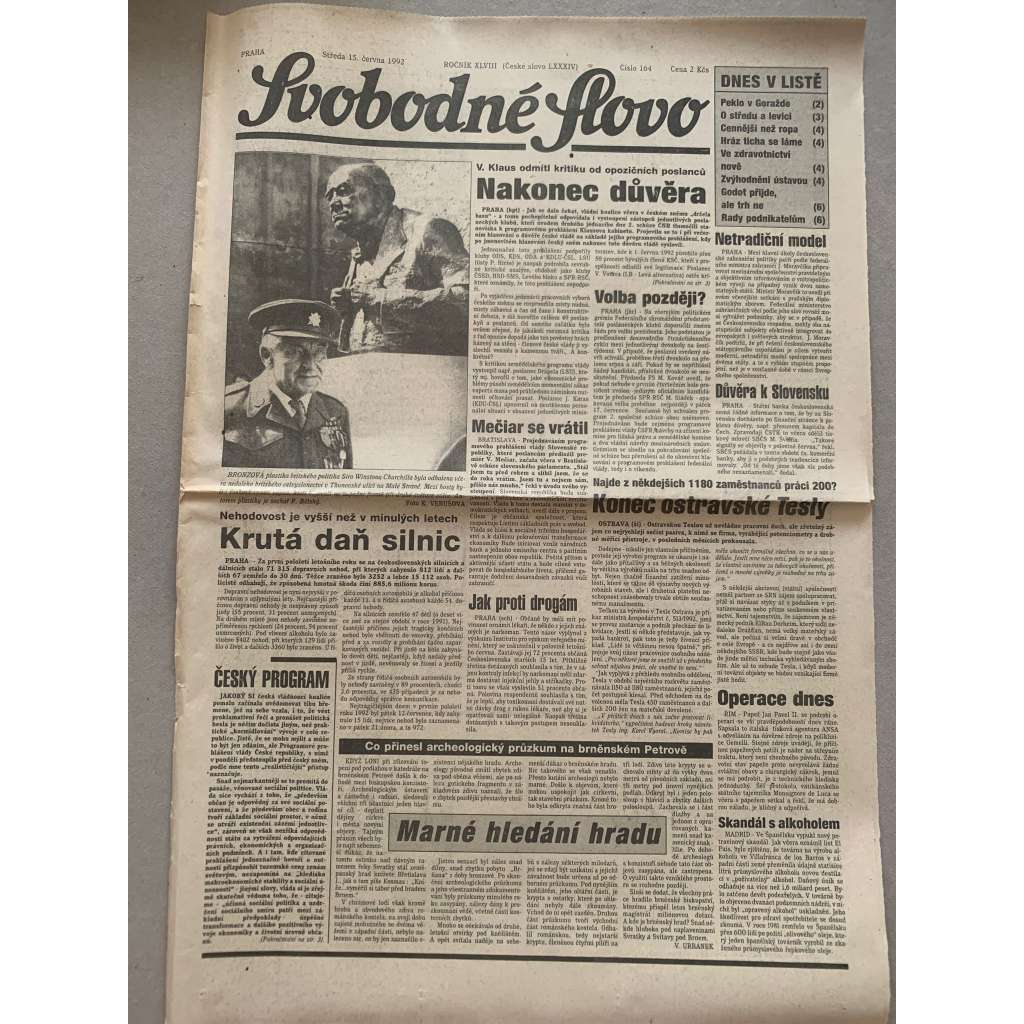 Svobodné slovo (15.6.1992) - staré noviny