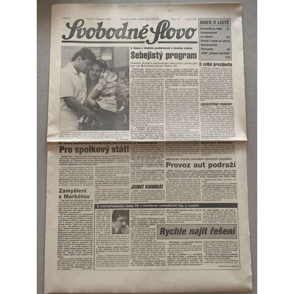Svobodné slovo (14.7.1992) - staré noviny