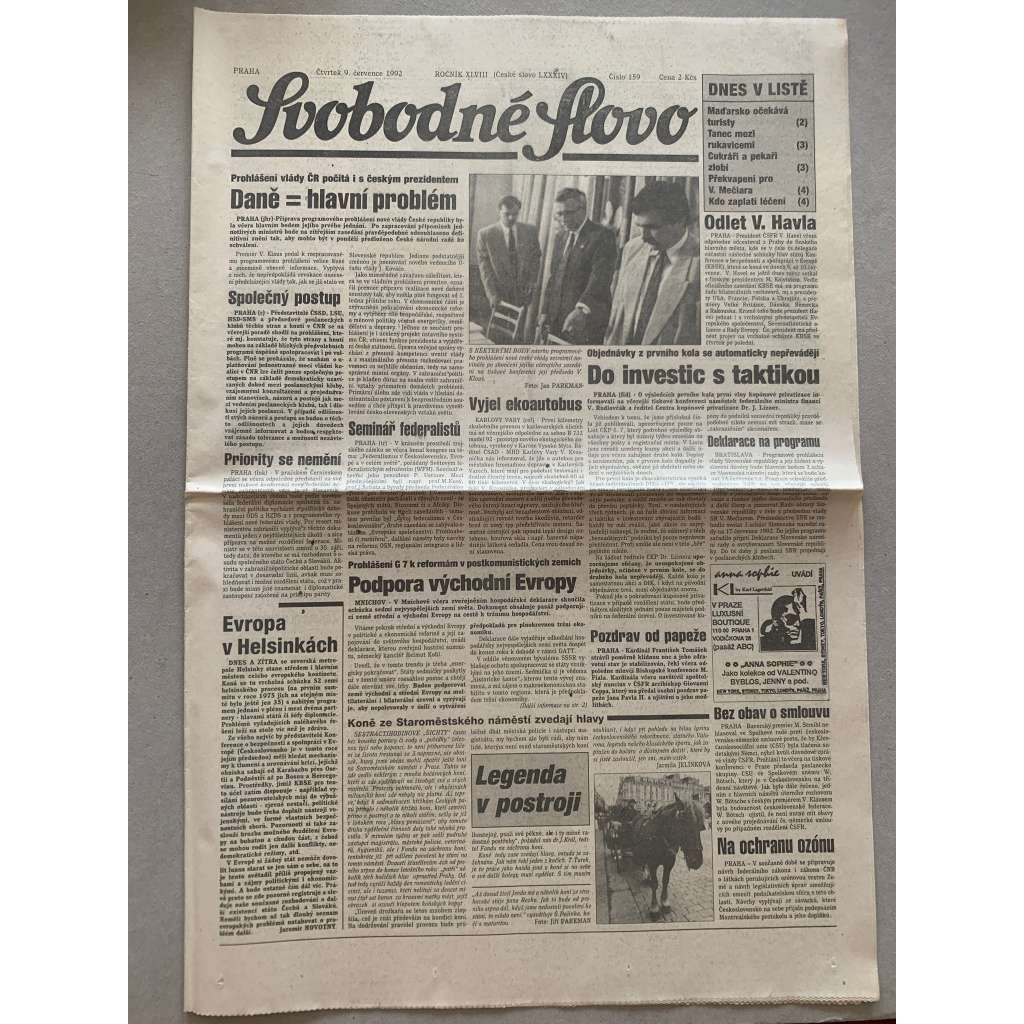 Svobodné slovo (9.7.1992) - staré noviny