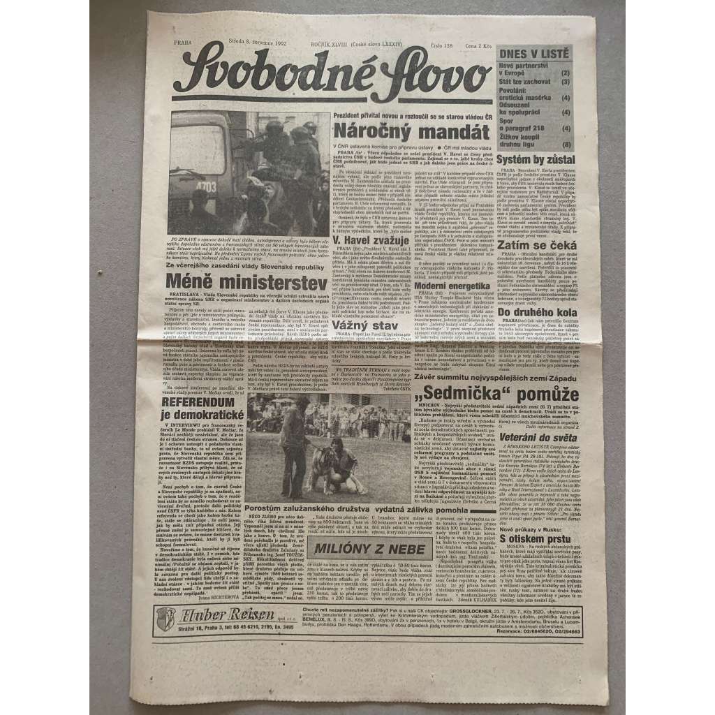 Svobodné slovo (8.7.1992) - staré noviny