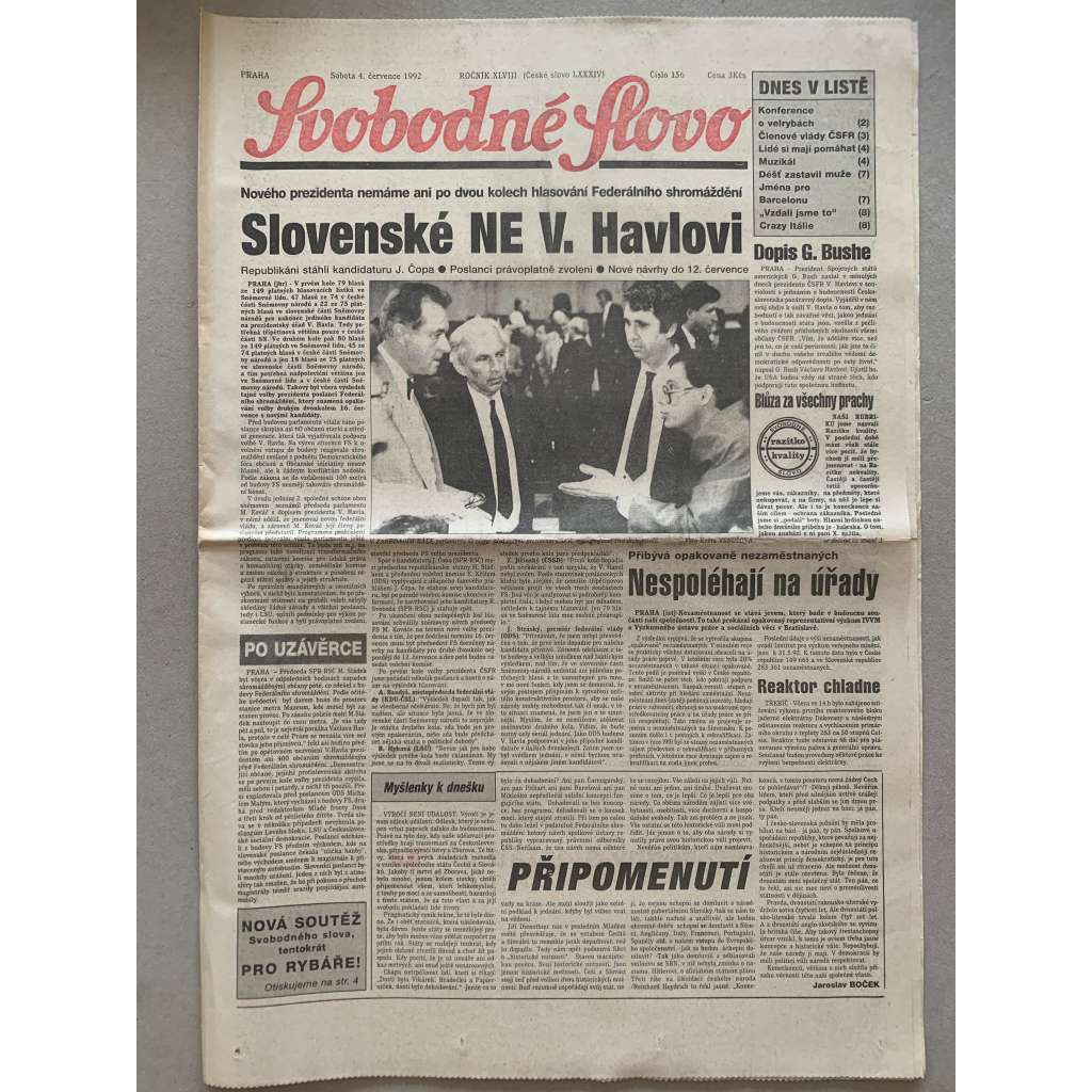 Svobodné slovo (4.7.1992) - staré noviny