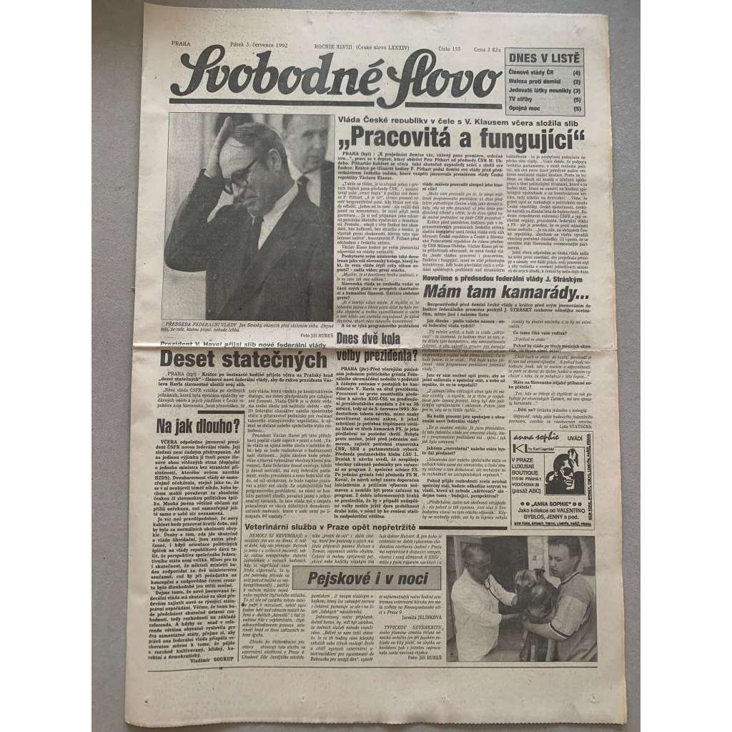 Svobodné slovo (3.7.1992) - staré noviny