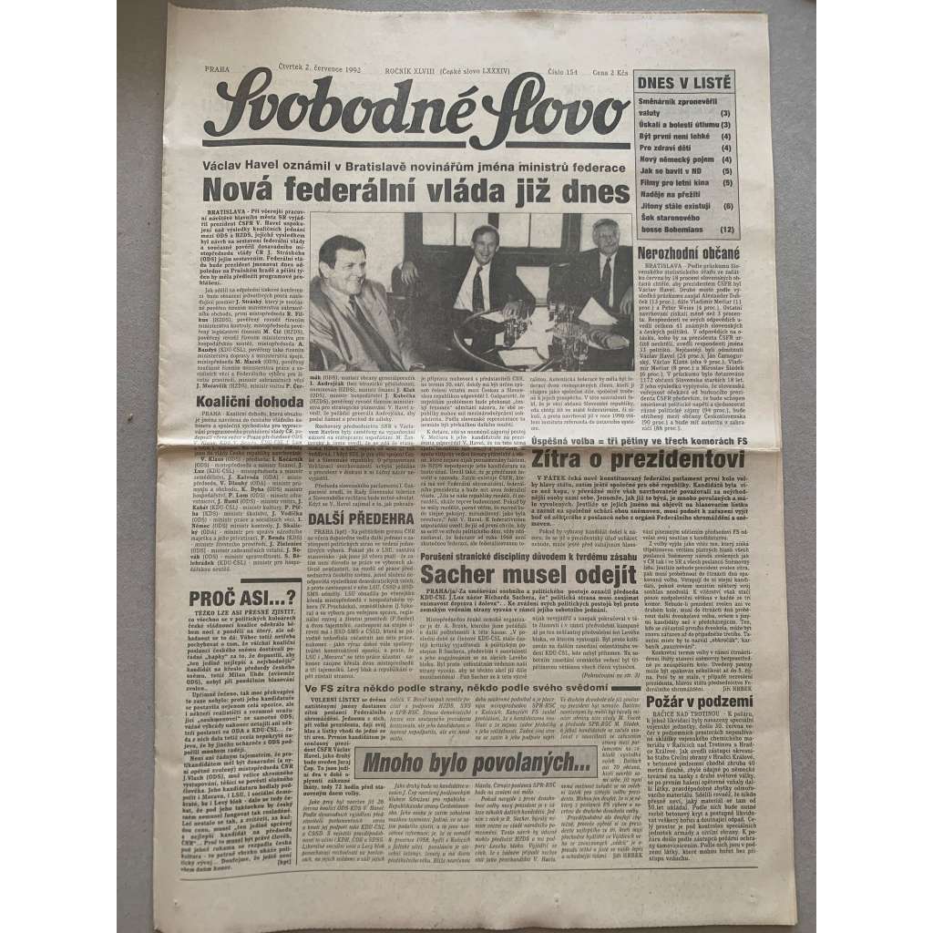 Svobodné slovo (2.7.1992) - staré noviny