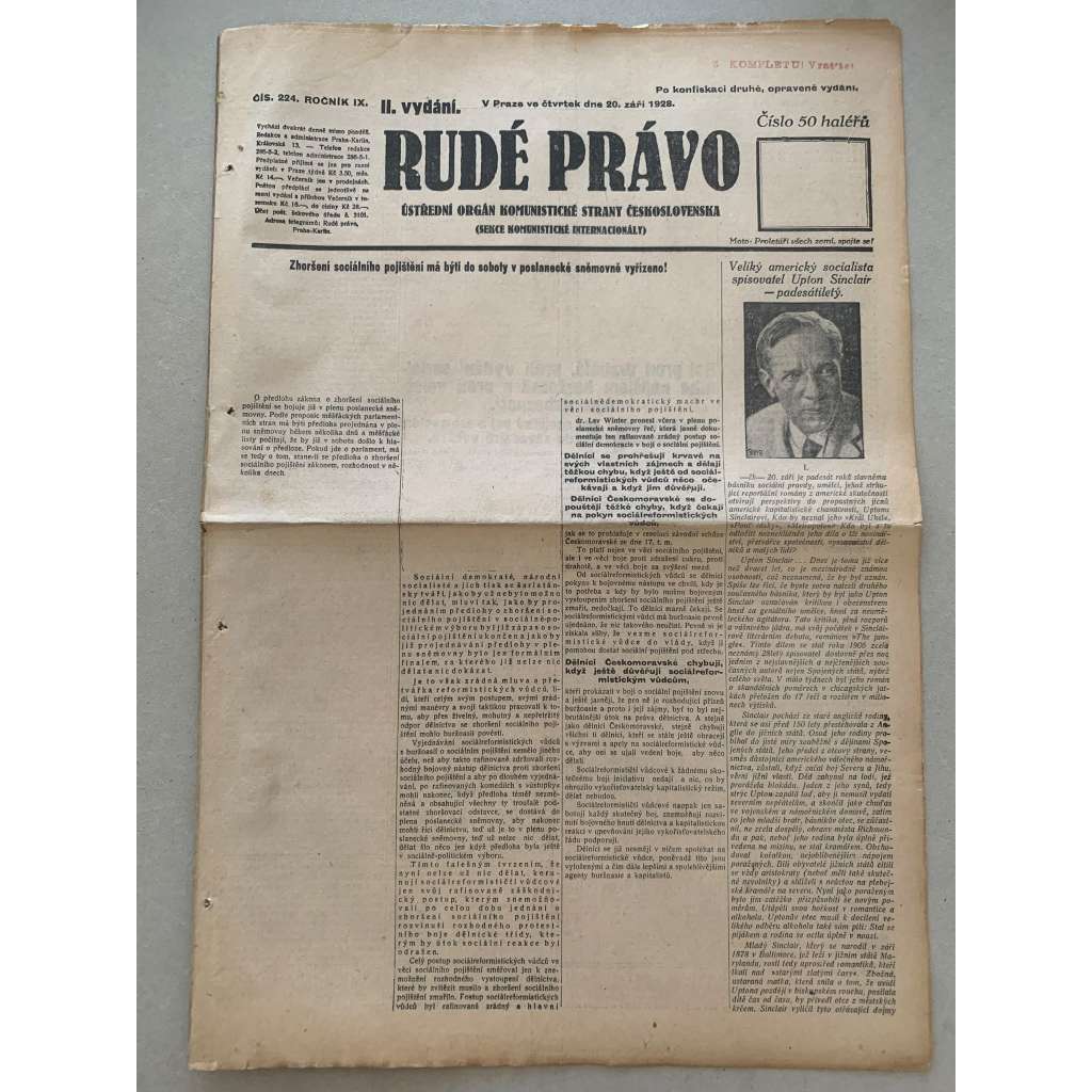 Rudé právo (20.9.1928) - staré noviny