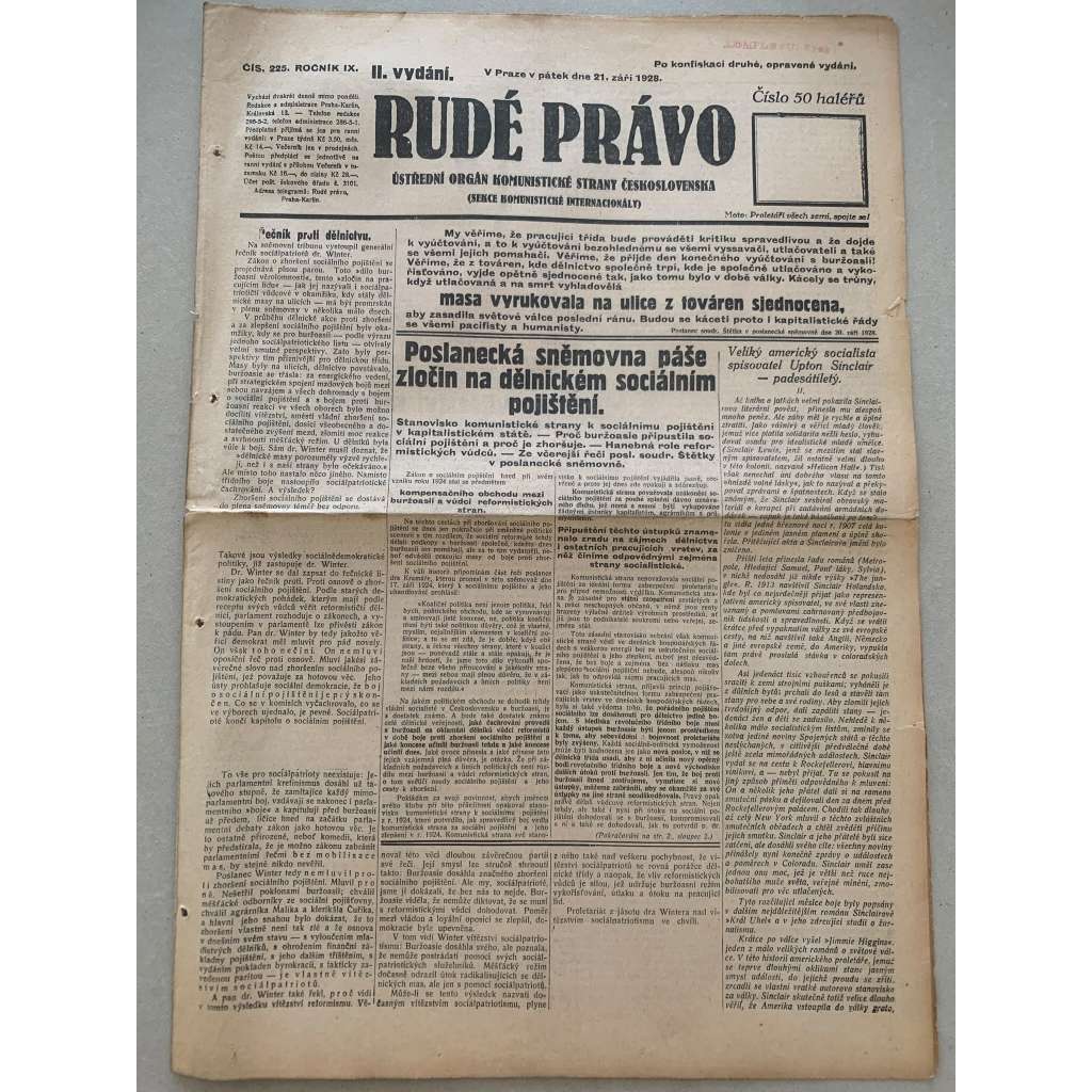 Rudé právo (21.9.1928) - staré noviny