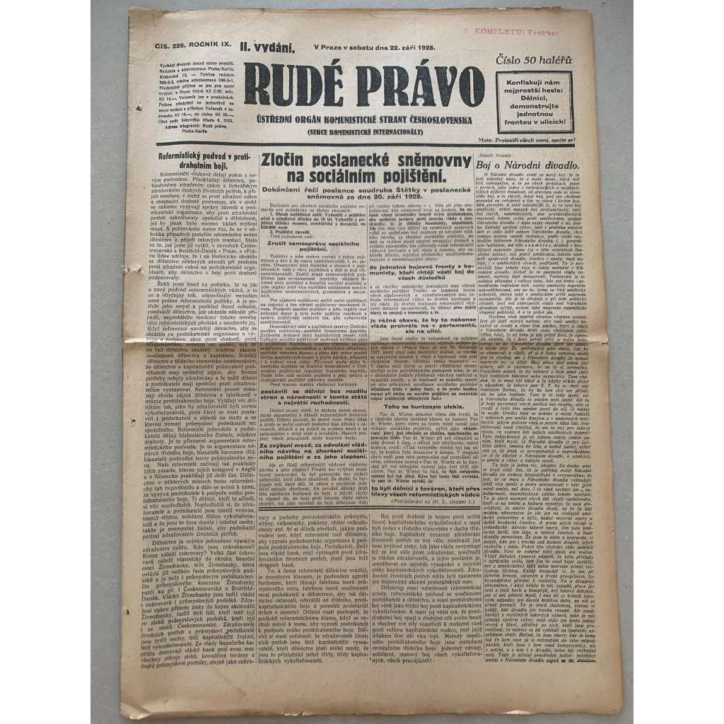 Rudé právo (22.9.1928) - staré noviny