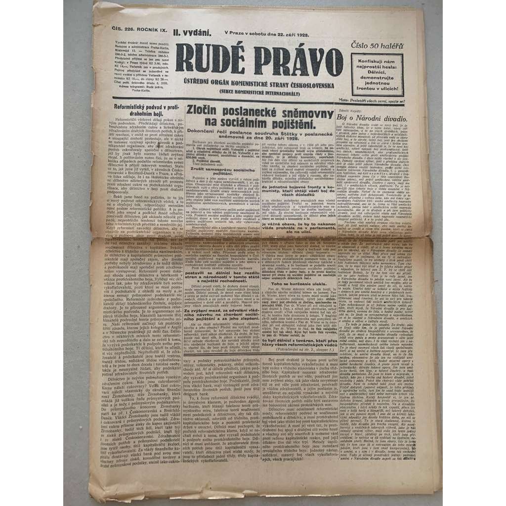 Rudé právo (22.9.1928) - staré noviny